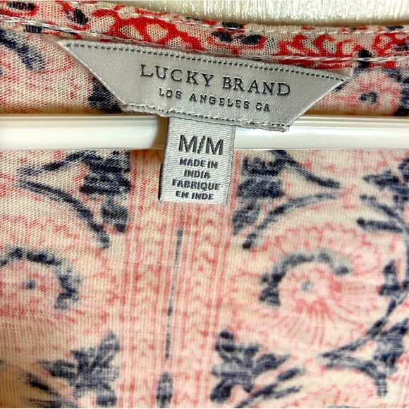LUCKY BRAND Bohemian Floral Print Cap Sleeves Knotted Tie Front Top Size Medium - Picture 4 of 4